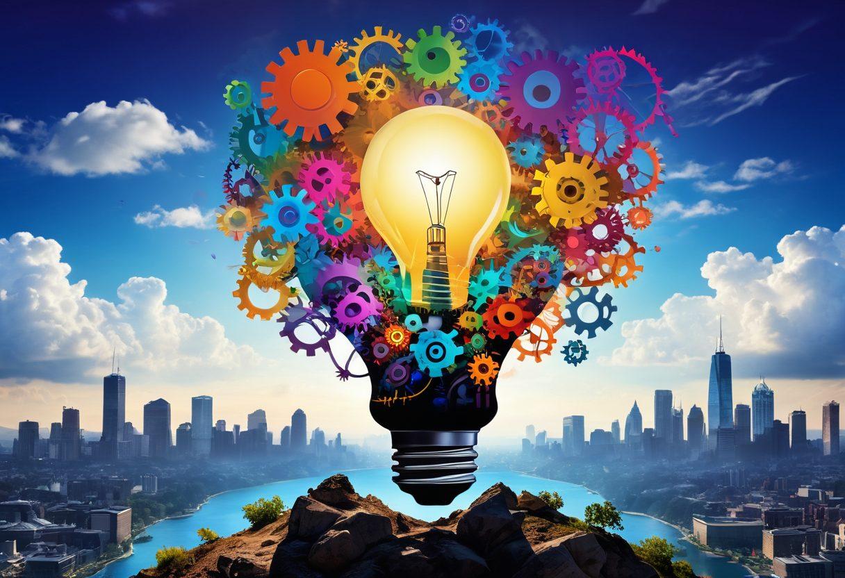A vibrant, whimsical scene showcasing a light bulb filled with colorful gears and tools emerging from a cloud of swirling creativity, symbolizing ideas taking shape. In the background, a transition from a dreamlike landscape to a modern city skyline represents the journey from imagination to reality. Bright colors, dynamic movement, and a blend of fantasy and realism invoke the excitement of innovation. super-realistic. vibrant colors. fantasy style.