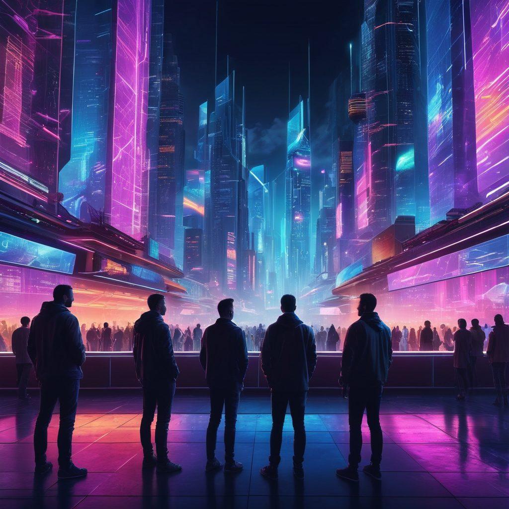 A futuristic city skyline illuminated by vibrant neon lights, showcasing innovative architecture and smart technology. In the foreground, a diverse group of people collaborating over a digital screen displaying dynamic graphs and solutions, reflecting teamwork and creativity. The scene should convey a sense of progress and optimism for the future. Capture the essence of brilliance unleashed through technology and collaboration. super-realistic. vibrant colors. cyberpunk.