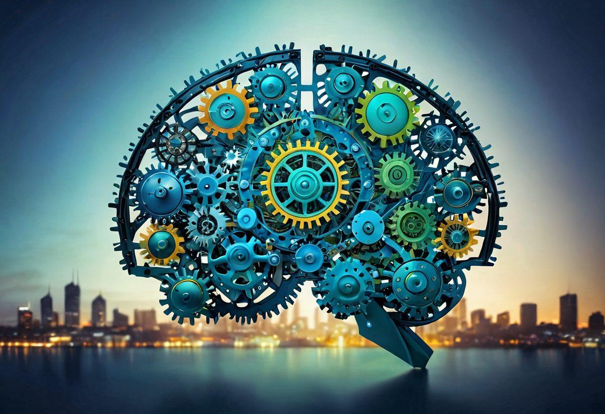 An abstract representation of a brain composed of vibrant gears and cogs, symbolizing strategic thinking, surrounded by floating light bulbs representing forward-thinking ideas. The background features a blurred cityscape to evoke innovation and progress. The color palette is a mix of futuristic blues and greens. super-realistic. vibrant colors.